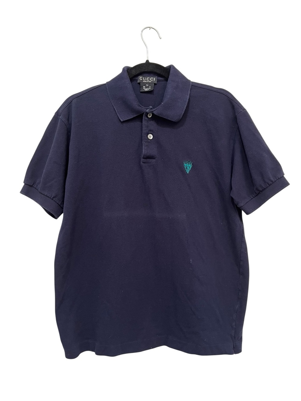 Gucci Men's Dark Navy Polo with Teal Crest. Size L. Short sleeved.